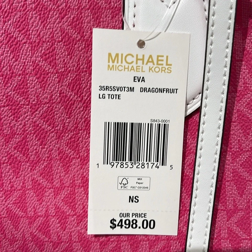Michael Kors Eva Large Signature Logo Stripe Shoulder Tote Bag Dragonfruit  NWT